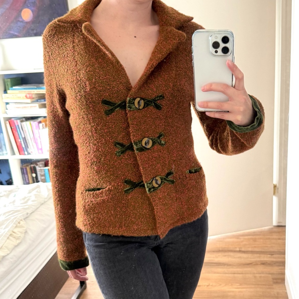 Anthropologie HWR Boucle Blazer Wool Blend Brown Velvet Trim Fairy Boho